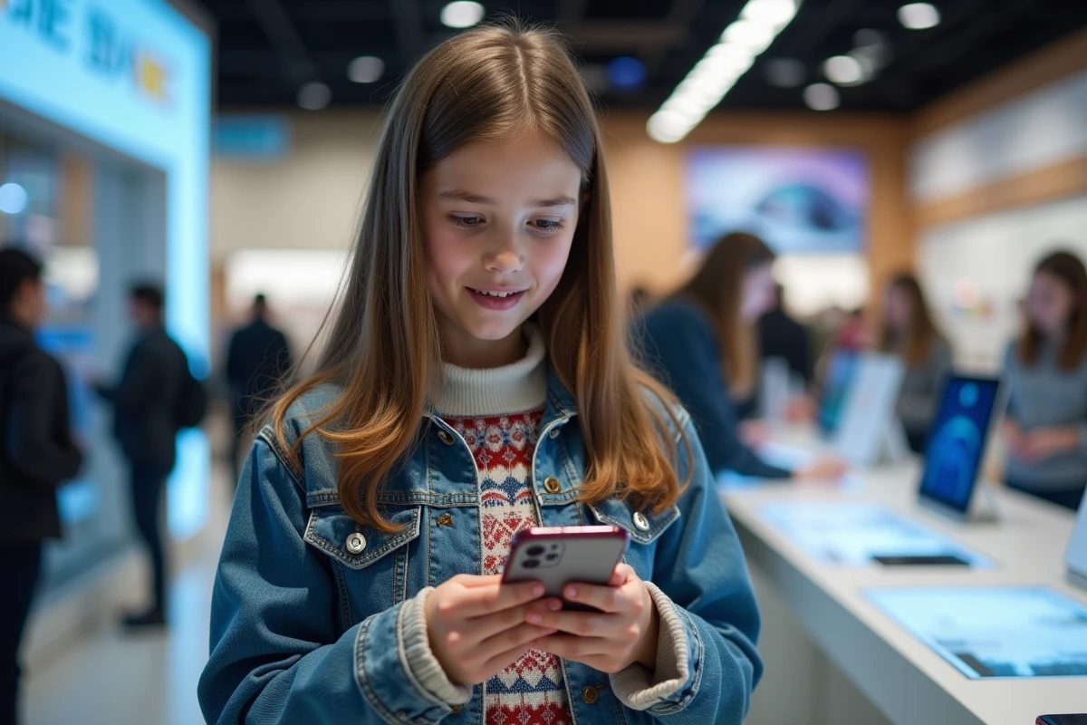 Adolescente comparant deux smartphones en magasin