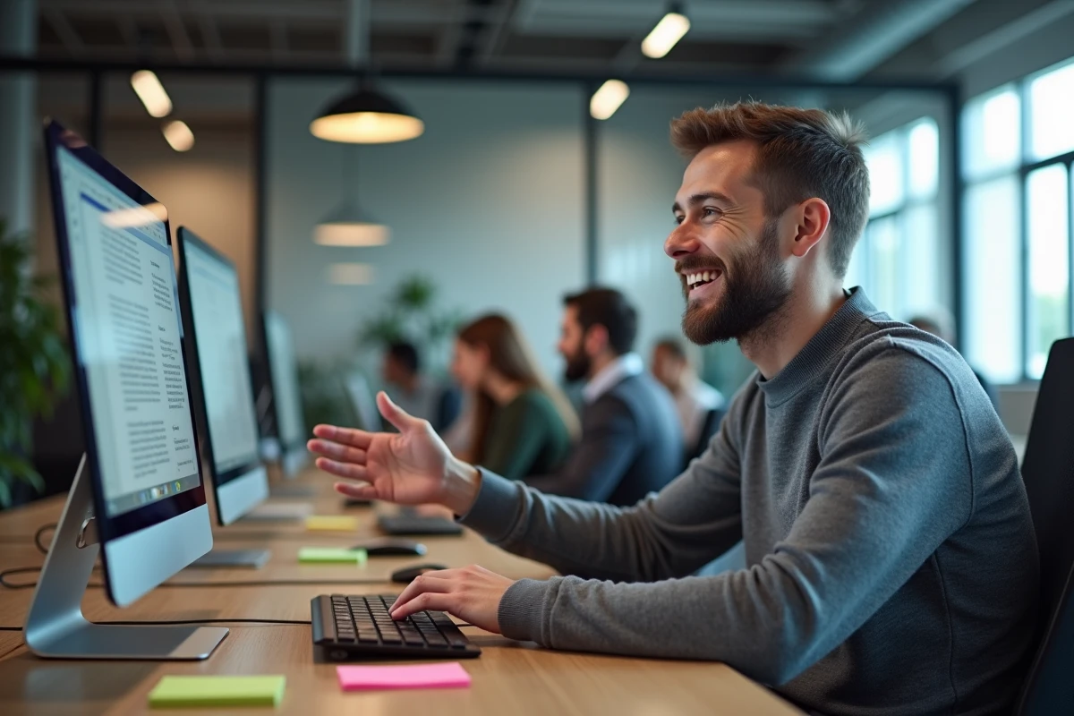 Jeune homme souriant montrant un tableau Word dans un bureau