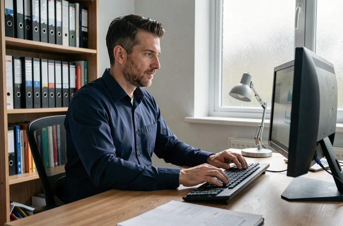 Homme en télétravail se connectant à son espace Cegidlife depuis un bureau à domicile