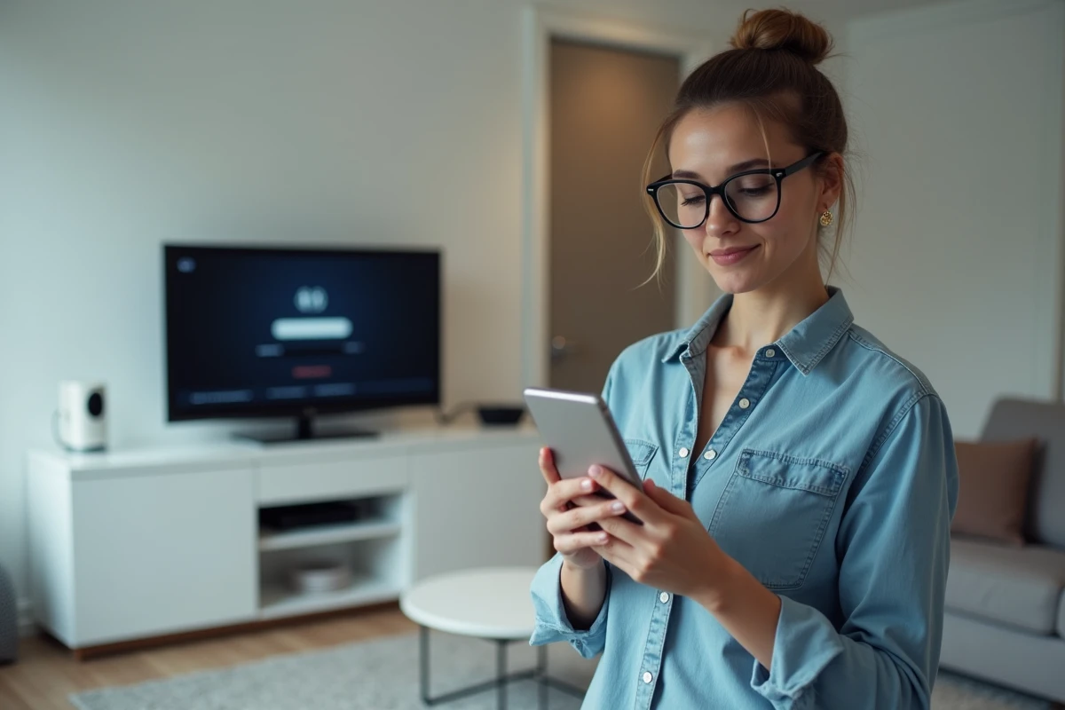 Jeune femme accédant à l'interface mafreebox.freebox.fr depuis son smartphone dans un salon moderne avec routeur Freebox visible
