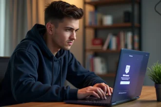 Jeune homme activant son compte Epic Games sur un ordinateur portable dans un bureau à domicile moderne