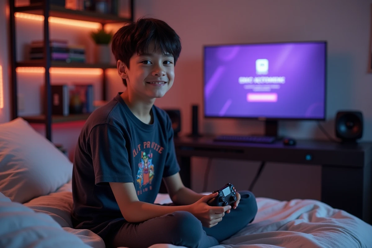 Adolescent souriant dans sa chambre gaming avec l'écran d'activation de compte Epic Games visible en arrière-plan