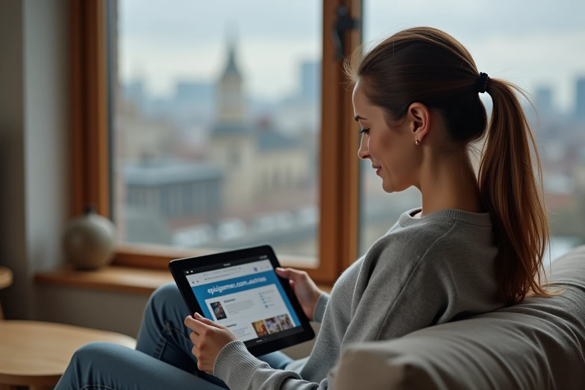 Femme consultant le site d'activation Epic Games sur une tablette depuis son salon