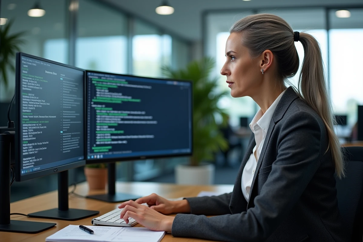 Administratrice informatique analysant la configuration du port DNS TCP sur un poste de travail en entreprise