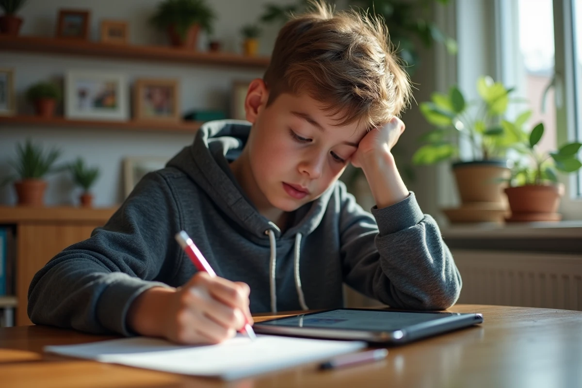Adolescent étudiant à la maison avec tablette et cahier dans un salon lumineux