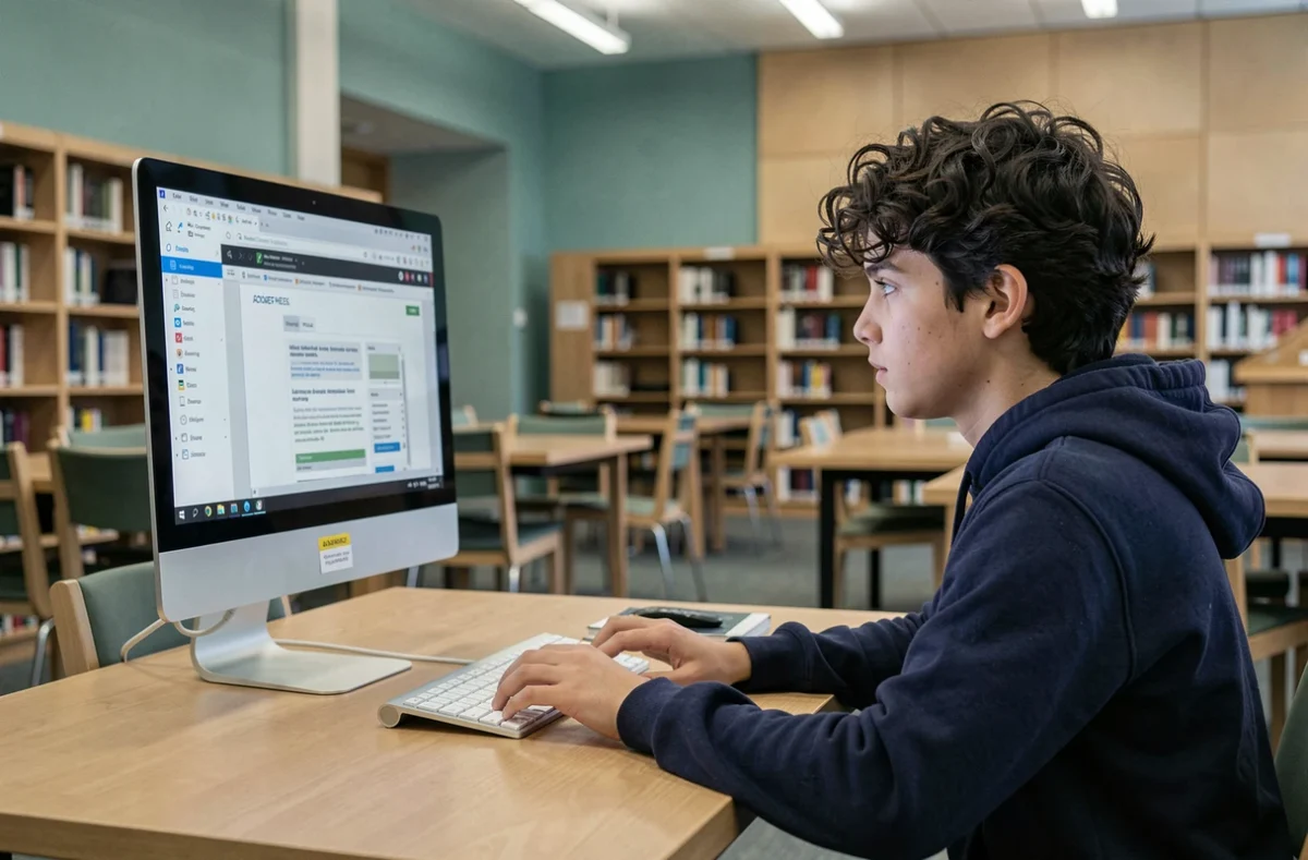 Adolescent consultant plusieurs navigateurs web ouverts sur un ordinateur de bibliothèque