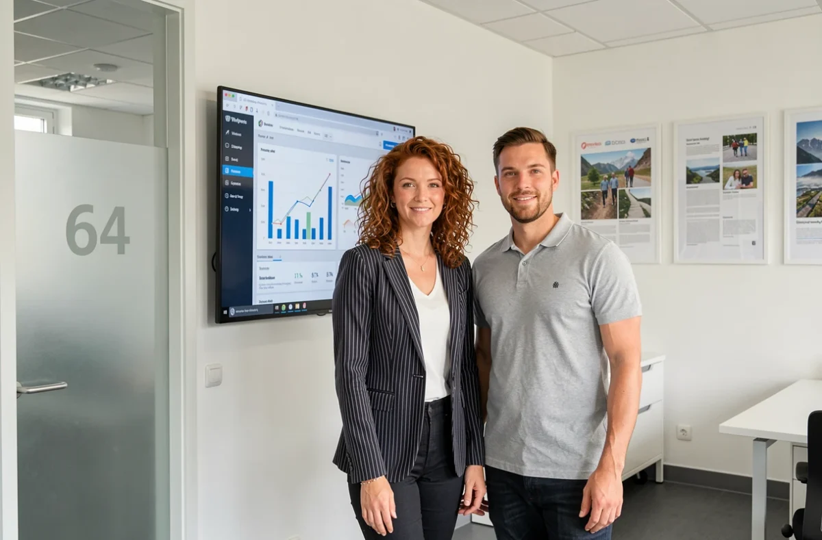 Équipe de l'agence Digital 64 présentant un tableau de bord WordPress dans leurs bureaux à Pau
