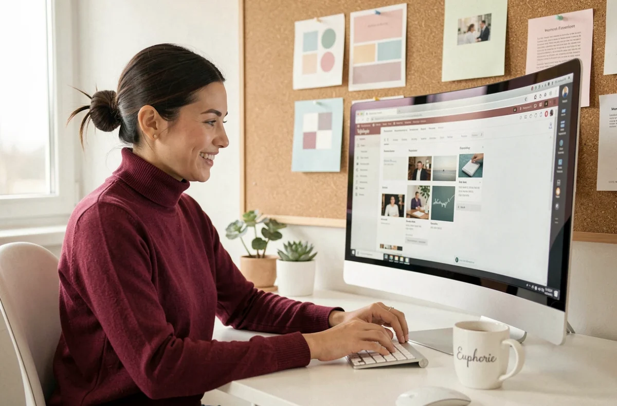 Professionnelle de l'agence Euphorie travaillant sur un site WordPress dans un bureau créatif et raffiné