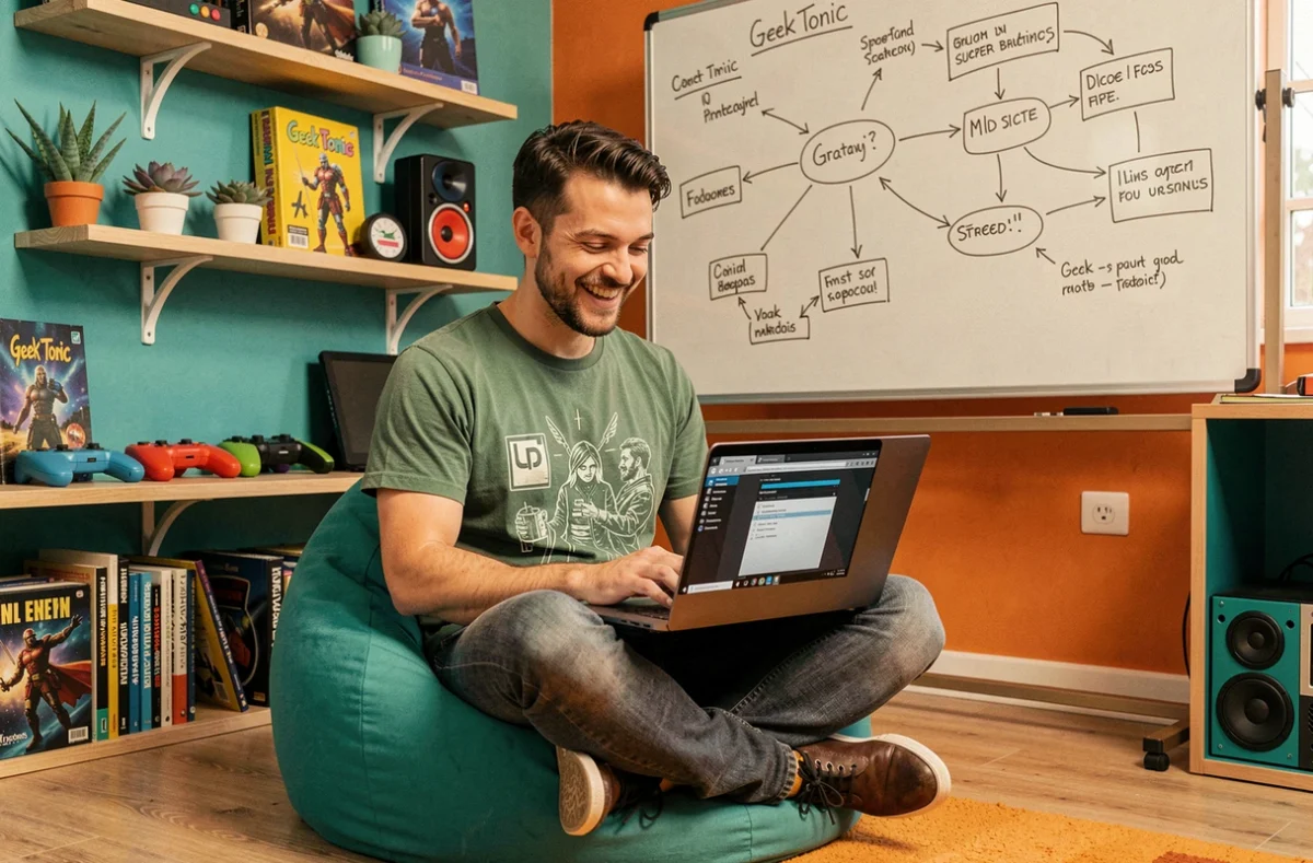 Expert WordPress de l'agence Geek Tonic travaillant de façon décontractée dans un espace de travail coloré et créatif
