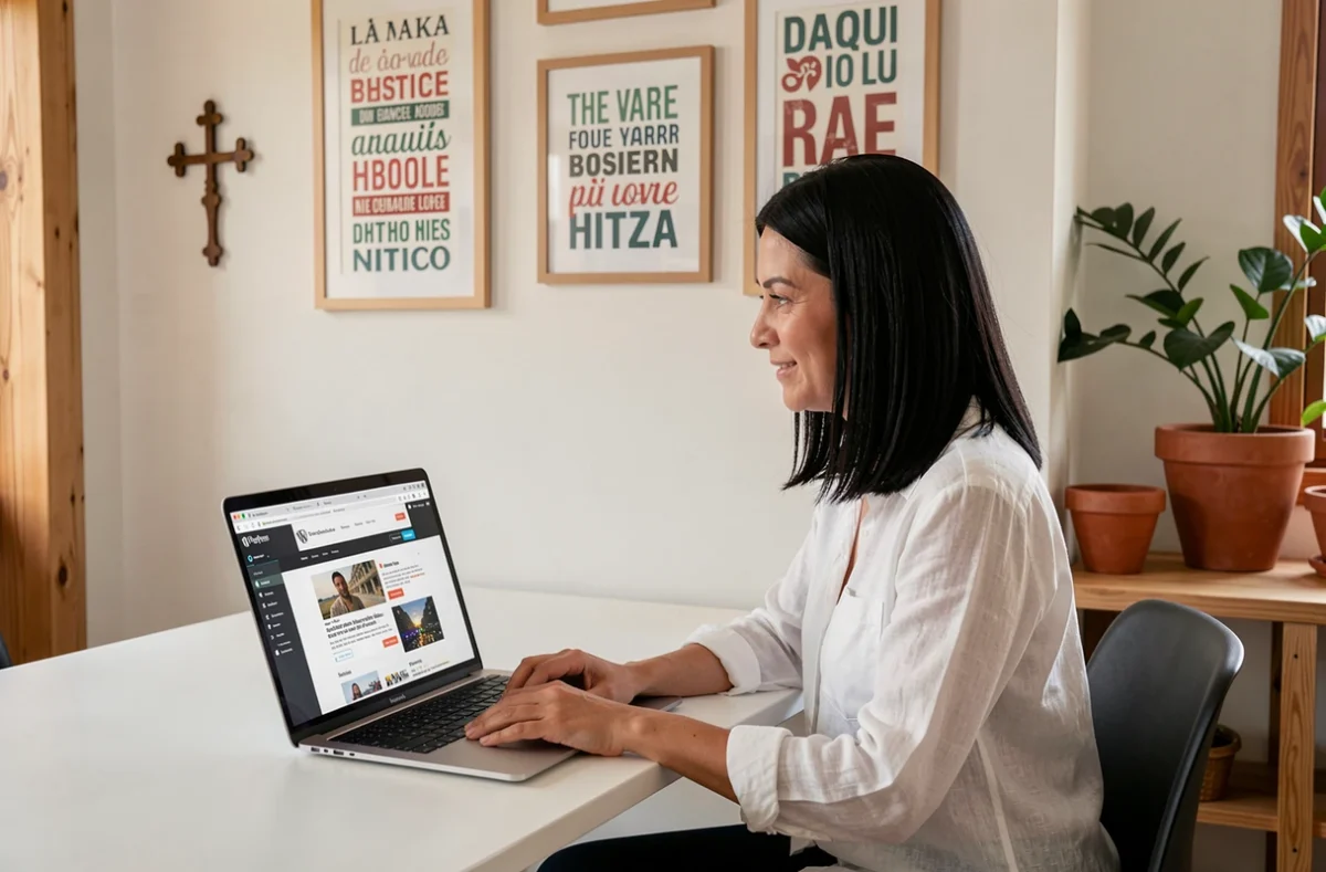 Consultante de l'agence Hitza présentant un site WordPress bilingue dans un bureau aux touches culturelles basques