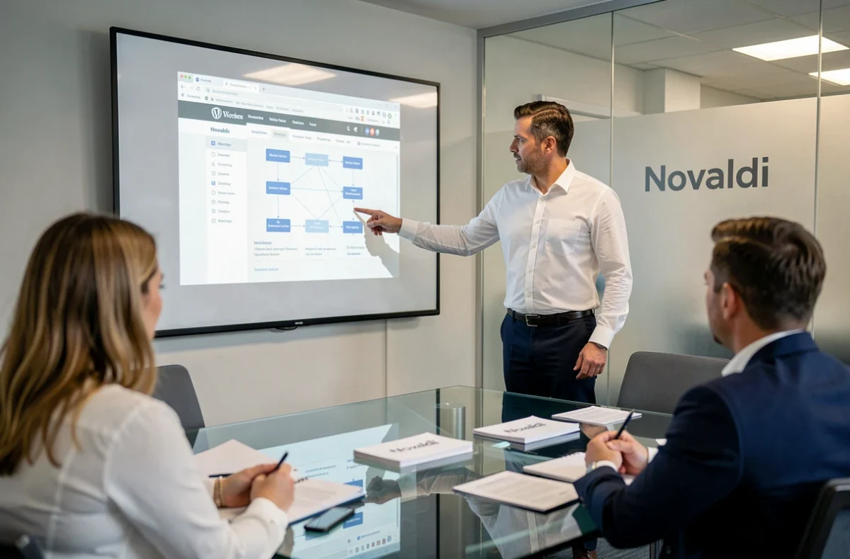 Consultant de l'agence Novaldi présentant une architecture WordPress lors d'une réunion client professionnelle