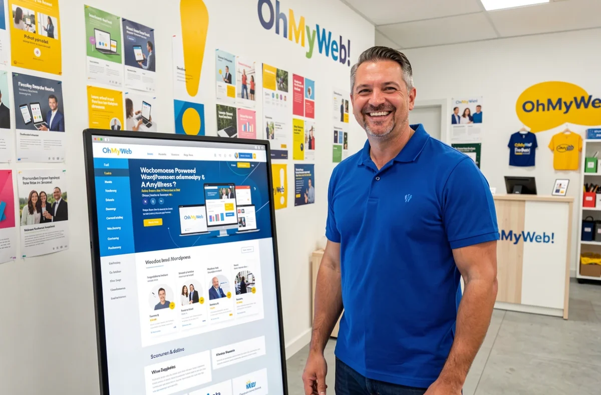 Responsable de l'agence OhMyWeb! présentant une boutique WooCommerce WordPress dans un showroom dynamique et coloré