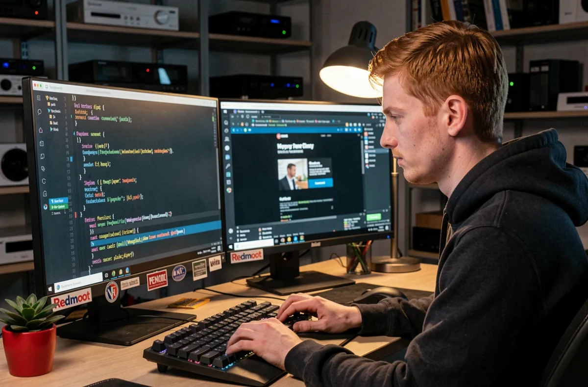 Développeur de l'agence Redmoot en train de coder un site WordPress sur un bureau technique avec deux écrans