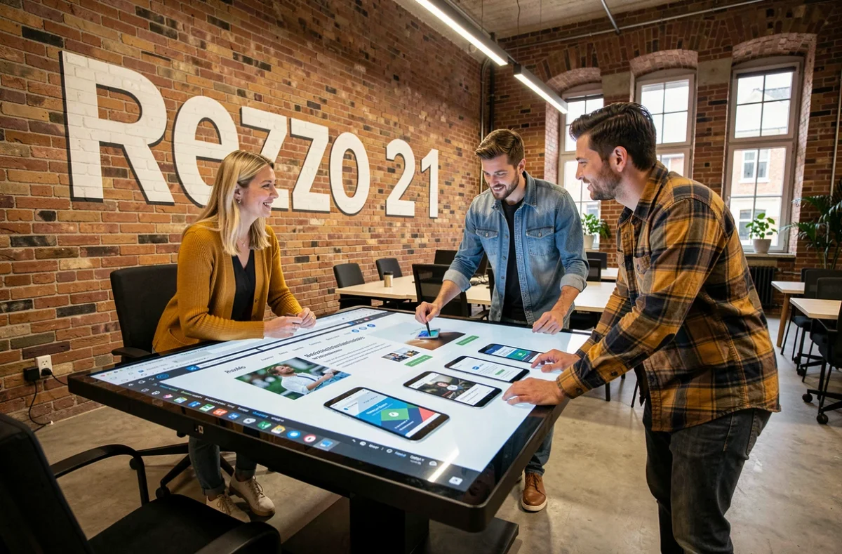 Équipe de l'agence Rezo 21 collaborant autour d'un projet WordPress sur une table tactile interactive