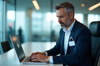 Agent de compagnie aérienne au bureau examine un ordinateur