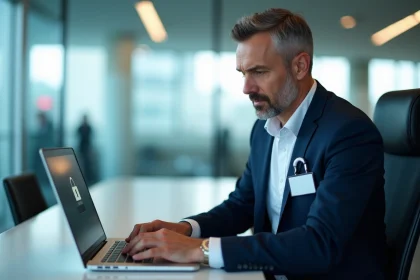 Agent de compagnie aérienne au bureau examine un ordinateur
