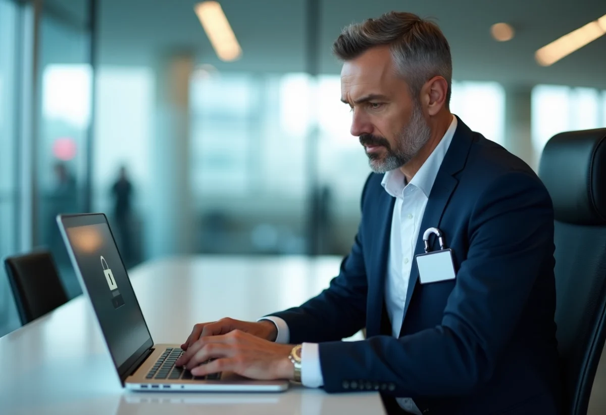 Agent de compagnie aérienne au bureau examine un ordinateur
