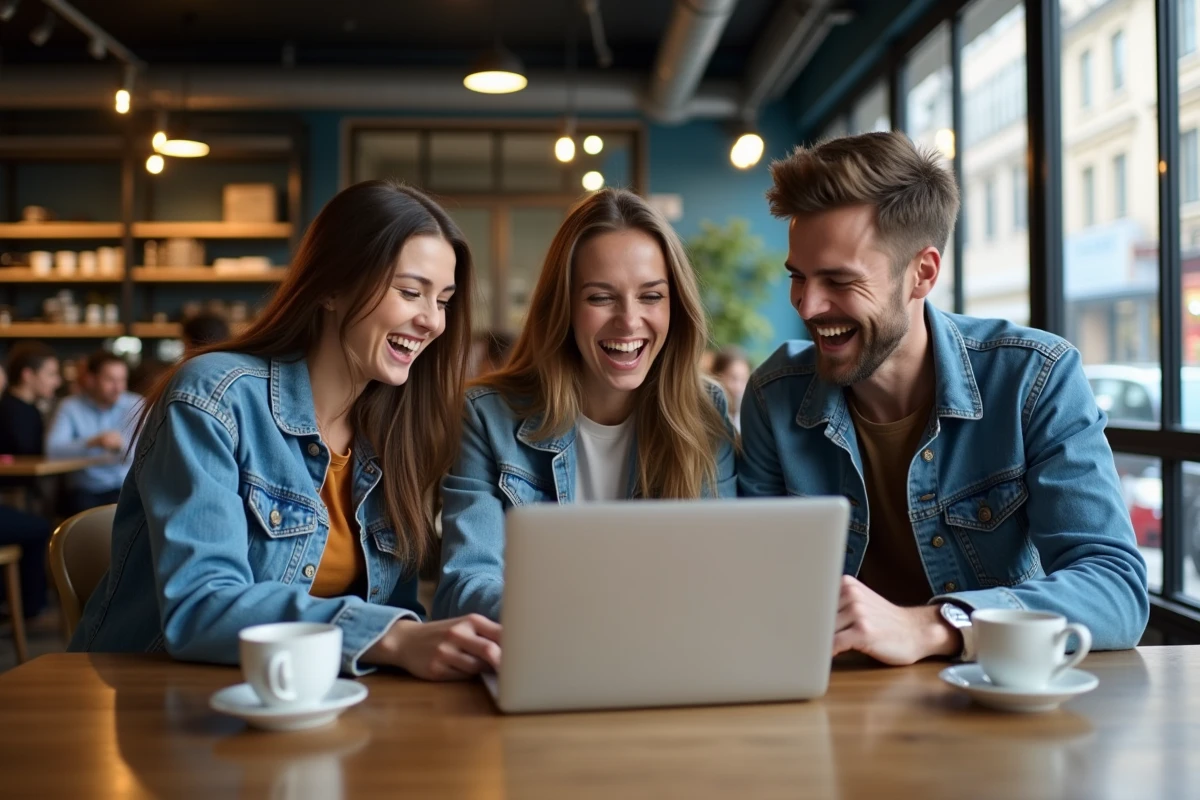 Groupe d'amis réagissant avec enthousiasme devant un classement de ping sur un ordinateur portable dans un café urbain