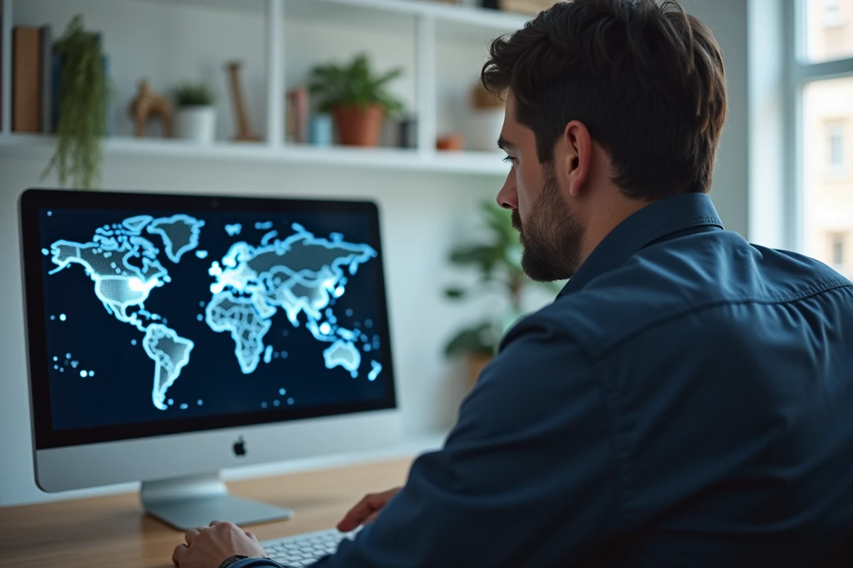 Homme analysant une carte de géolocalisation IP sur un écran d'ordinateur dans un bureau moderne