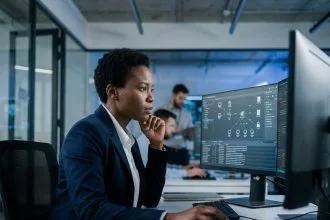 Analyste en cybersécurité féminine travaillant sur des tableaux de bord de sécurité réseau dans un centre opérationnel moderne