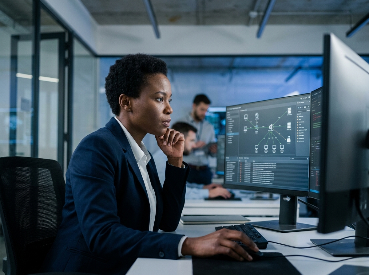 Analyste en cybersécurité féminine travaillant sur des tableaux de bord de sécurité réseau dans un centre opérationnel moderne