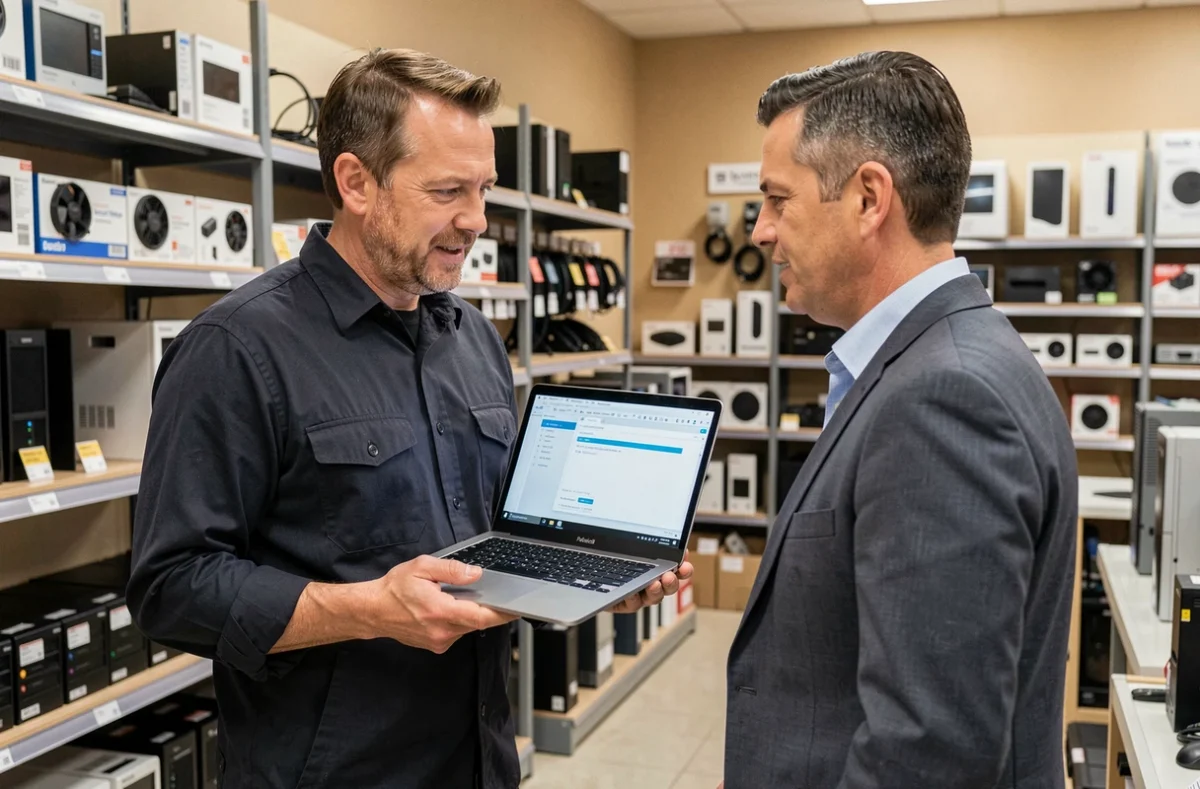 Technicien Andreo Matériel Informatique conseillant un client professionnel sur un ordinateur portable en magasin dans la Loire