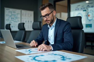 Auditeur IT homme en réunion avec diagrammes réseau