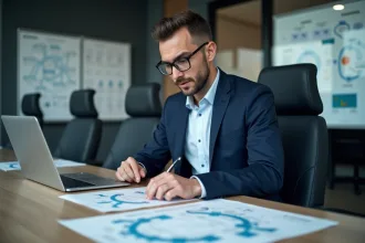 Auditeur IT homme en réunion avec diagrammes réseau
