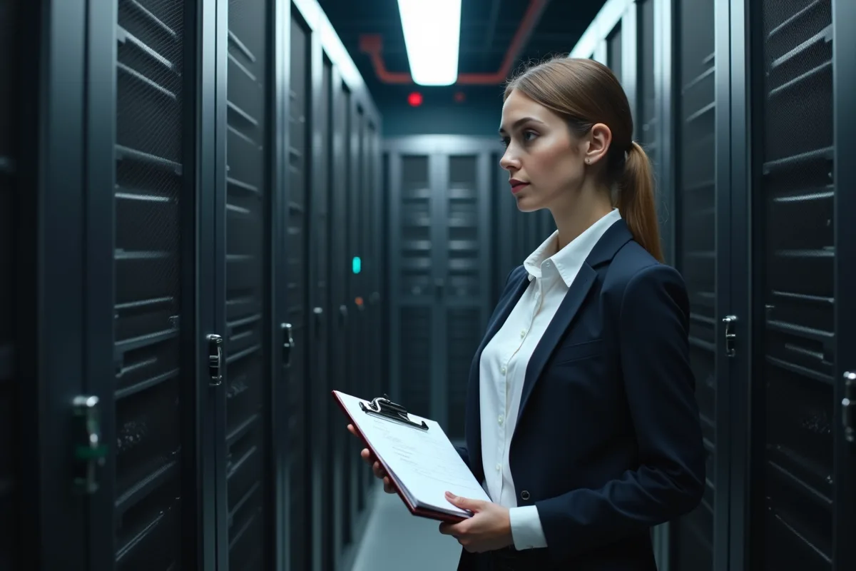 Auditrice technique inspectant serveurs en salle informatique