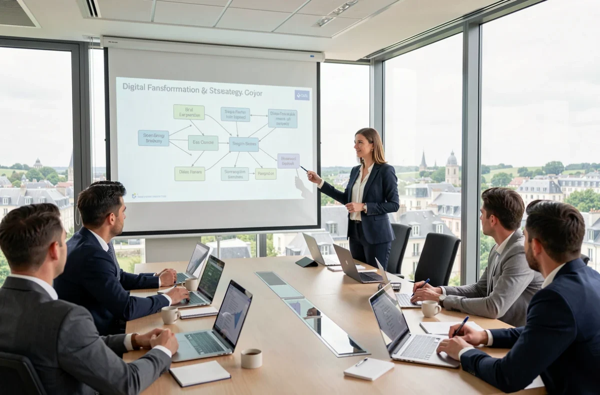 Consultante Aura Technology animant une session de conseil en transformation numérique devant une équipe dans la Loire