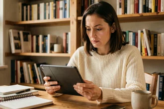 Auteure auto-éditée lisant un livre Kindle dans son bureau à domicile, entourée de livres et de carnets de notes