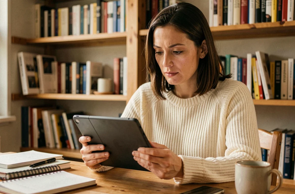 Auteure auto-éditée lisant un livre Kindle dans son bureau à domicile, entourée de livres et de carnets de notes