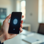 Main tenant un smartphone avec empreinte digitale en bureau lumineux