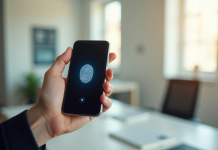 Main tenant un smartphone avec empreinte digitale en bureau lumineux