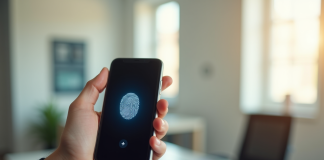 Main tenant un smartphone avec empreinte digitale en bureau lumineux