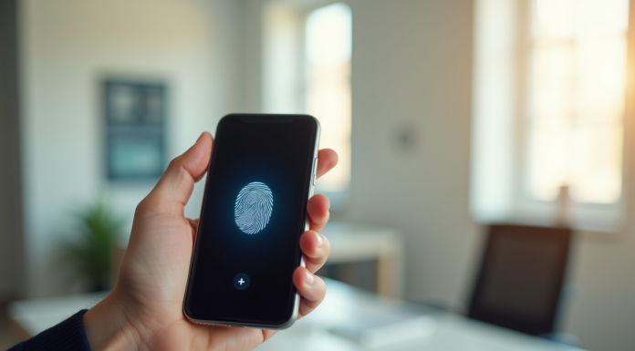 Main tenant un smartphone avec empreinte digitale en bureau lumineux