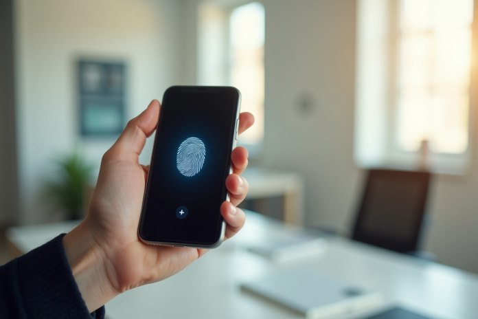 Main tenant un smartphone avec empreinte digitale en bureau lumineux