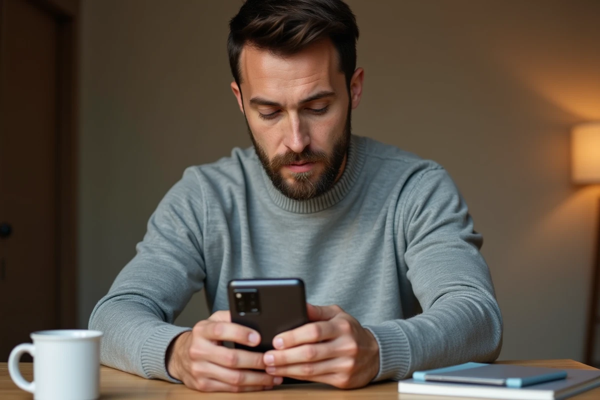 Homme tenant un Xiaomi 15 et l'inspectant de près après plusieurs mois d'utilisation, assis à un bureau en bois minimaliste