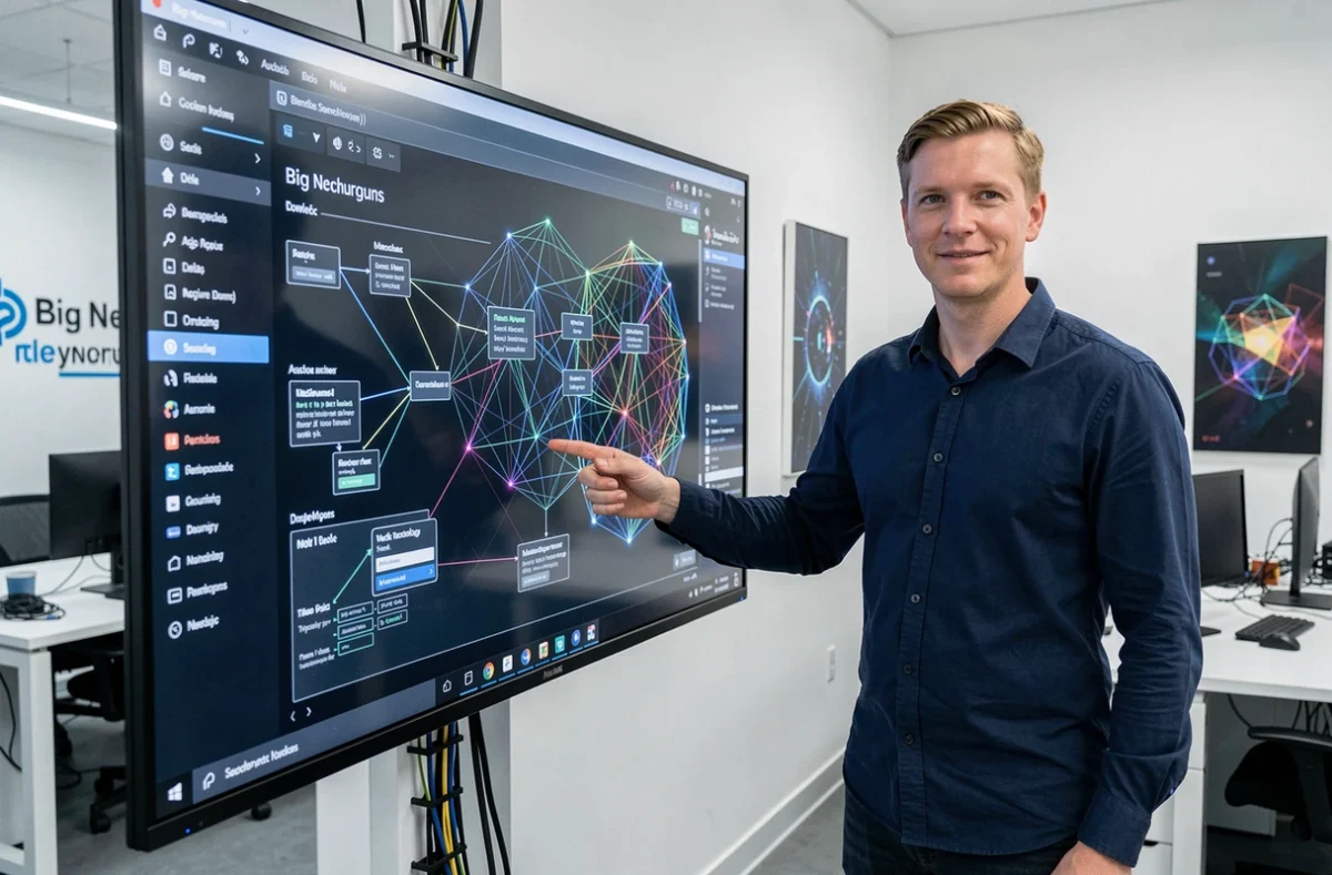 Big Neurons : spécialiste en technologies web et intelligence artificielle présentant une architecture réseau neuronal sur écran interactif
