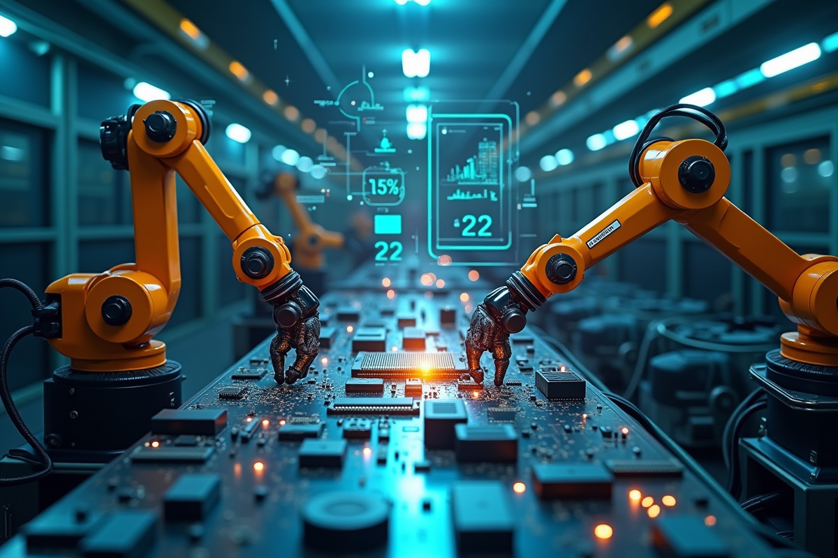 Bras robotique assemblant engrenages et circuits dans une usine futuriste