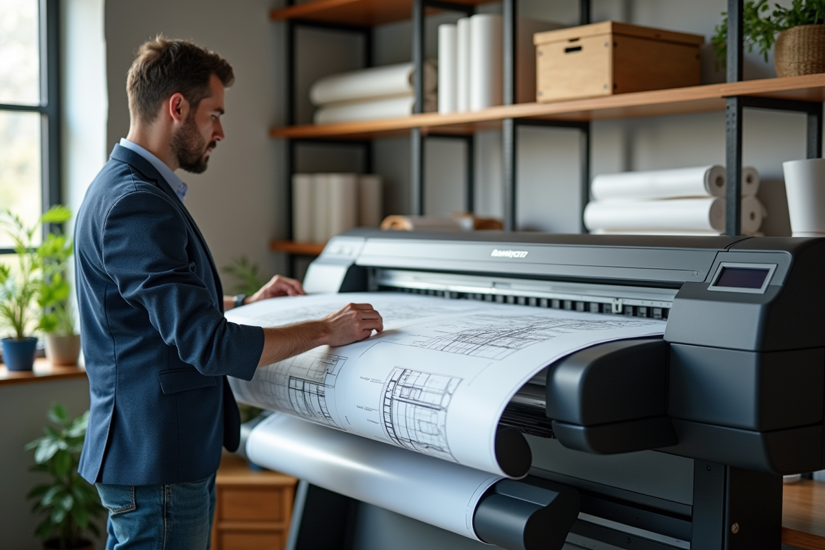 Architecte examinant des plans imprimés dans un bureau organisé