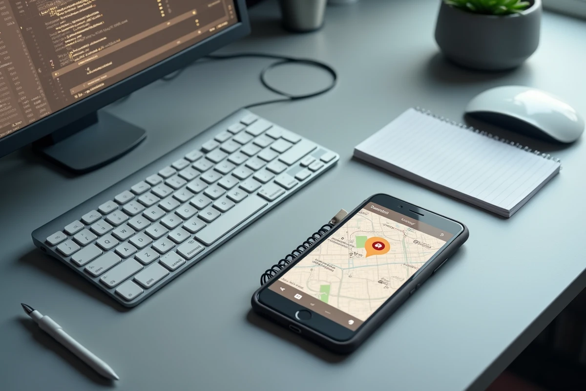 Vue aérienne d'un bureau avec smartphone affichant une application de géolocalisation IP et notes techniques