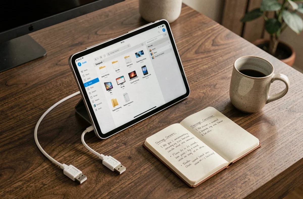 Bureau avec tablette affichant des tailles de fichiers en Go et Mo, carnet de notes et câble USB pour illustrer le stockage numérique