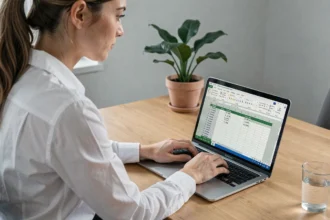 Femme au bureau calculant une augmentation en pourcentage sur Excel avec formule visible à l'écran
