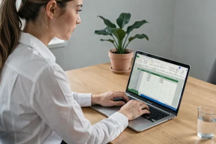Femme au bureau calculant une augmentation en pourcentage sur Excel avec formule visible à l'écran