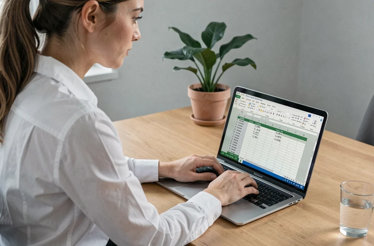 Femme au bureau calculant une augmentation en pourcentage sur Excel avec formule visible à l'écran