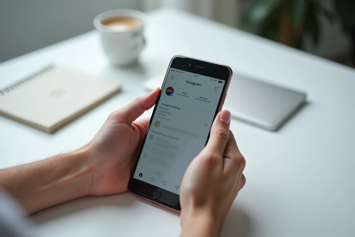 Gros plan de mains tenant un smartphone affichant l'interface des stories Instagram pour les enregistrer