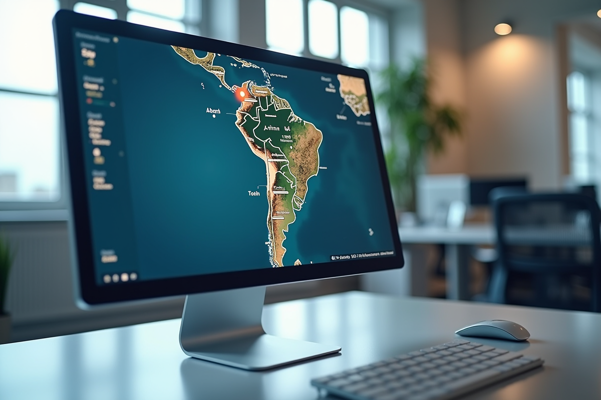 Carte numérique affichée sur un écran d'ordinateur dans un bureau lumineux