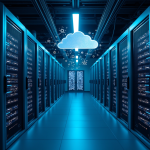 Intérieur d'un centre de données moderne avec serveurs lumineux et icônes cloud