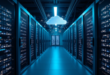 Intérieur d'un centre de données moderne avec serveurs lumineux et icônes cloud
